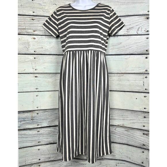 Tickled Teal Gray & White Striped Midi Dress M - Picture 1 of 10